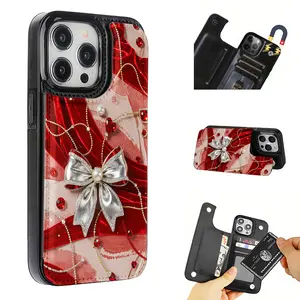 Heart Bow Pattern Leather Card Holder Phone Case, Suitable for iPhone 17 Air/16 Plus/15 Pro Max/14 Pro/13/12/11/XS Max/X Phone Case, Perfect Gift for Thanksgiving and Christmas for Family, Friends, Lovers, Boyfriend, Girlfriend