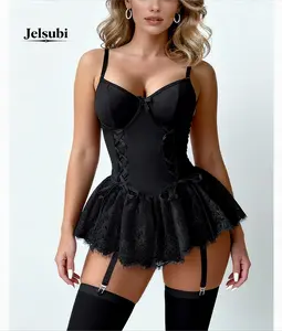 Jelsubi Women's Cute Lace Babydoll Garter Lingerie Dress with Stockings Set Valentine's Day Gift Party Wear Nightwear Comfy lingerie babydoll Corset bustier lingerie sexy lingerie set intimate sneaky
