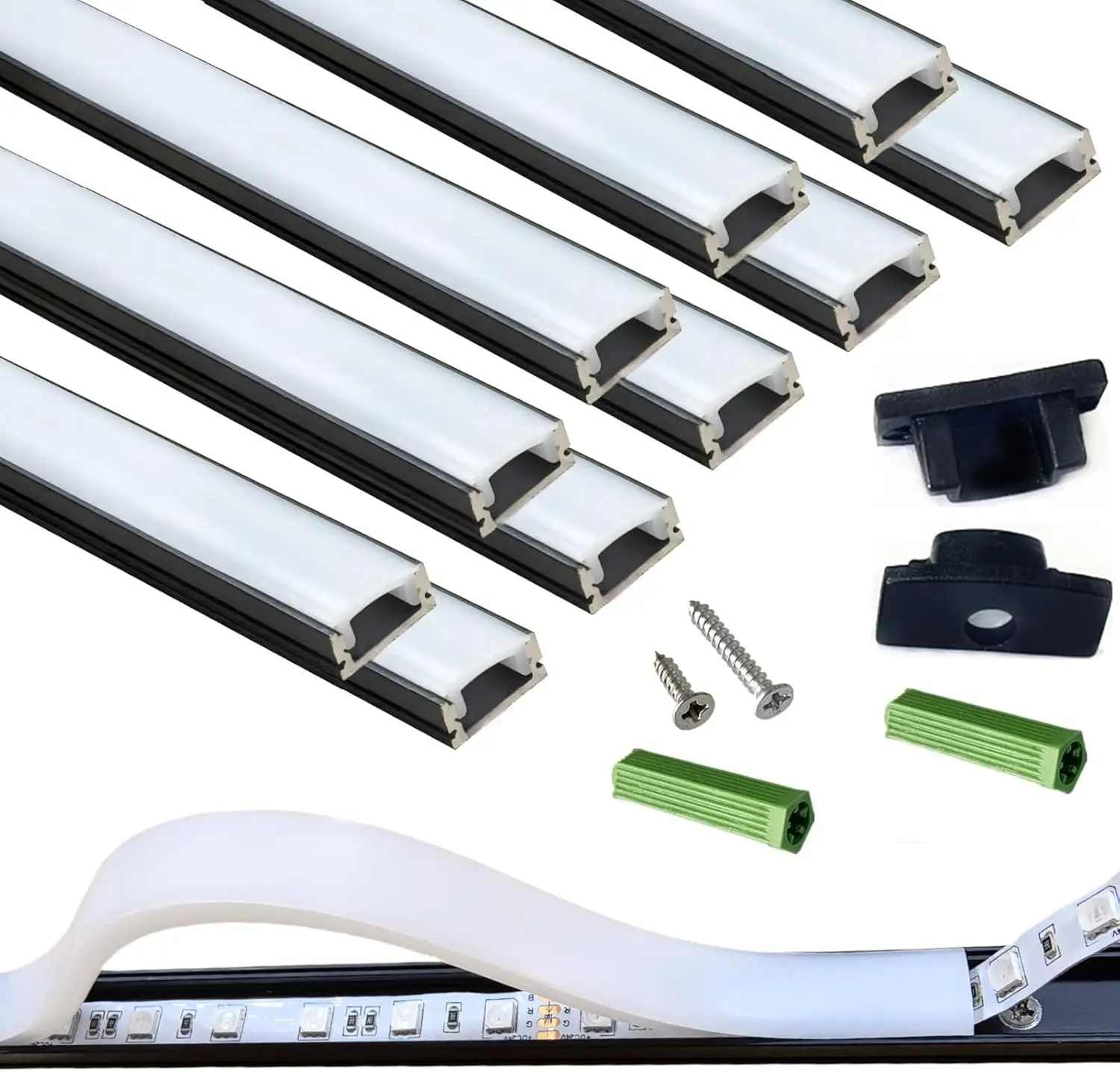 10-Pack Black LED Strip Pre-Drilled Aluminum U Channel Diffuser (10x3.3ft Total), Flush Mount Tape Light Track with Continuous Silicone Cover & End Caps, Low-Profile Clean Outlook, Holds Strips <12mm Wide, M3x12/M3x20 Screw Compatible, Easy Installation