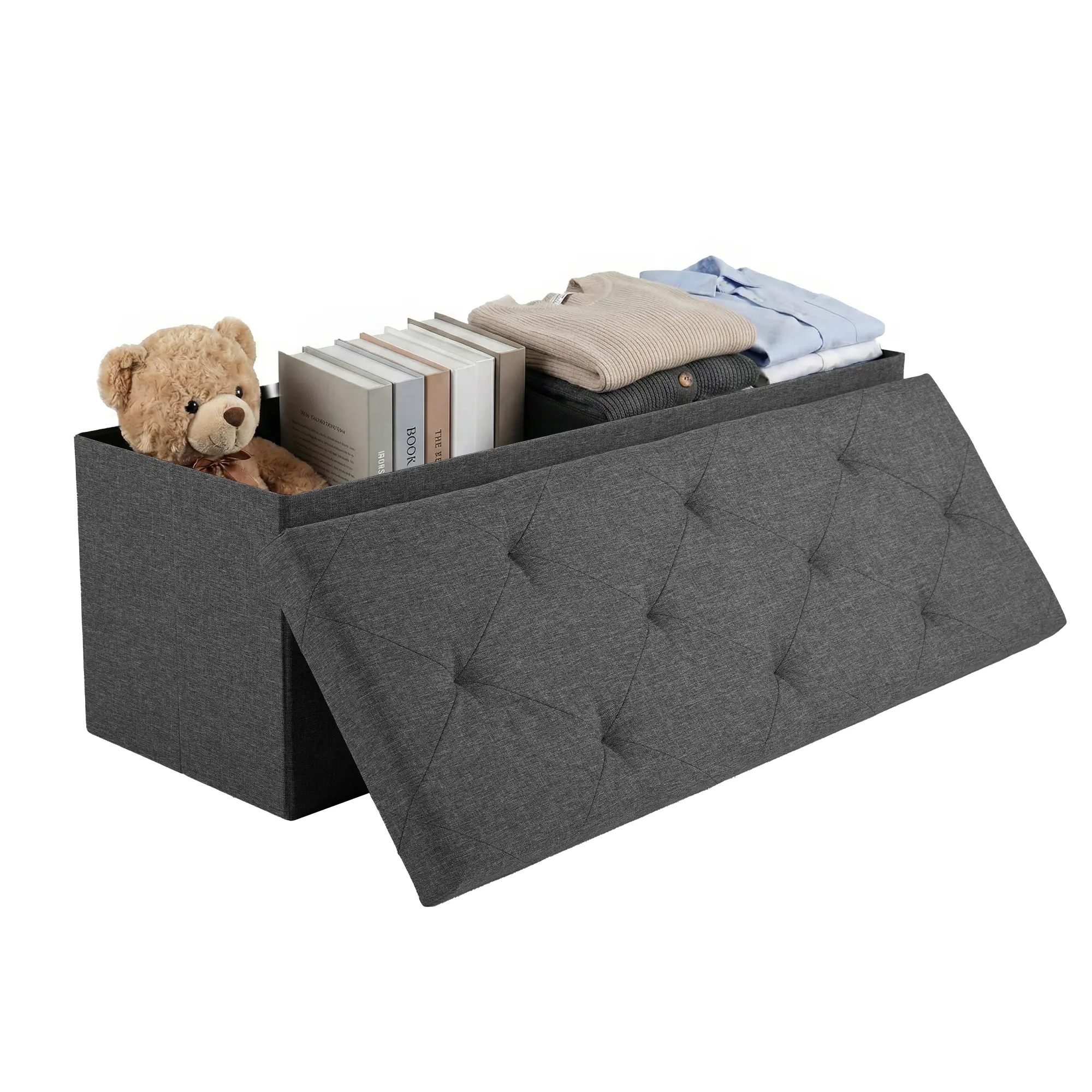 Rectangular Fabric Cover Foldable Storage Ottoman Bench - Easy Setup, Padded Seat, Large Storage, End-of-Bed Chest for Bedroom, Living Room Indoor Furniture Stool
