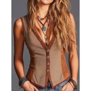 Retro sleeveless open-top design, bohemian patchwork faux fur vest, women’s casual fashion, stylish and comfortable GARMENTARY