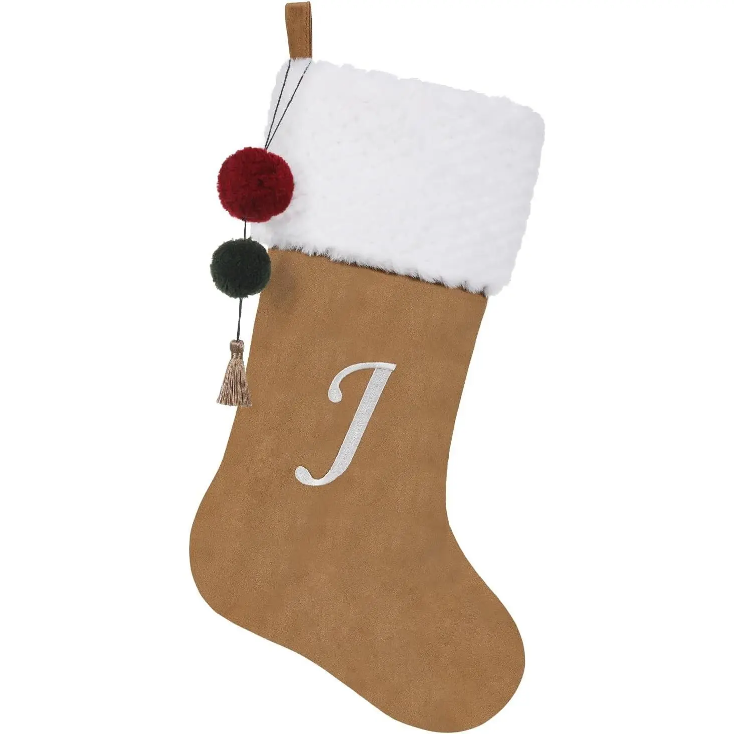 19.5 inches Personalized Velvet Christmas Stocking with Embroidered Initials and Pom Poms, for Fireplace Hanging Decor Xmas Gift (Gold J)