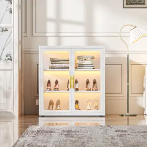 33.6" Tall Curio Cabinet with Glass Doors | 3-Tier Metal Display Cabinet with Multi-Color LED Lights, 4 Adjustable Shelves, Glass Display Case for Collectibles & Bookcase