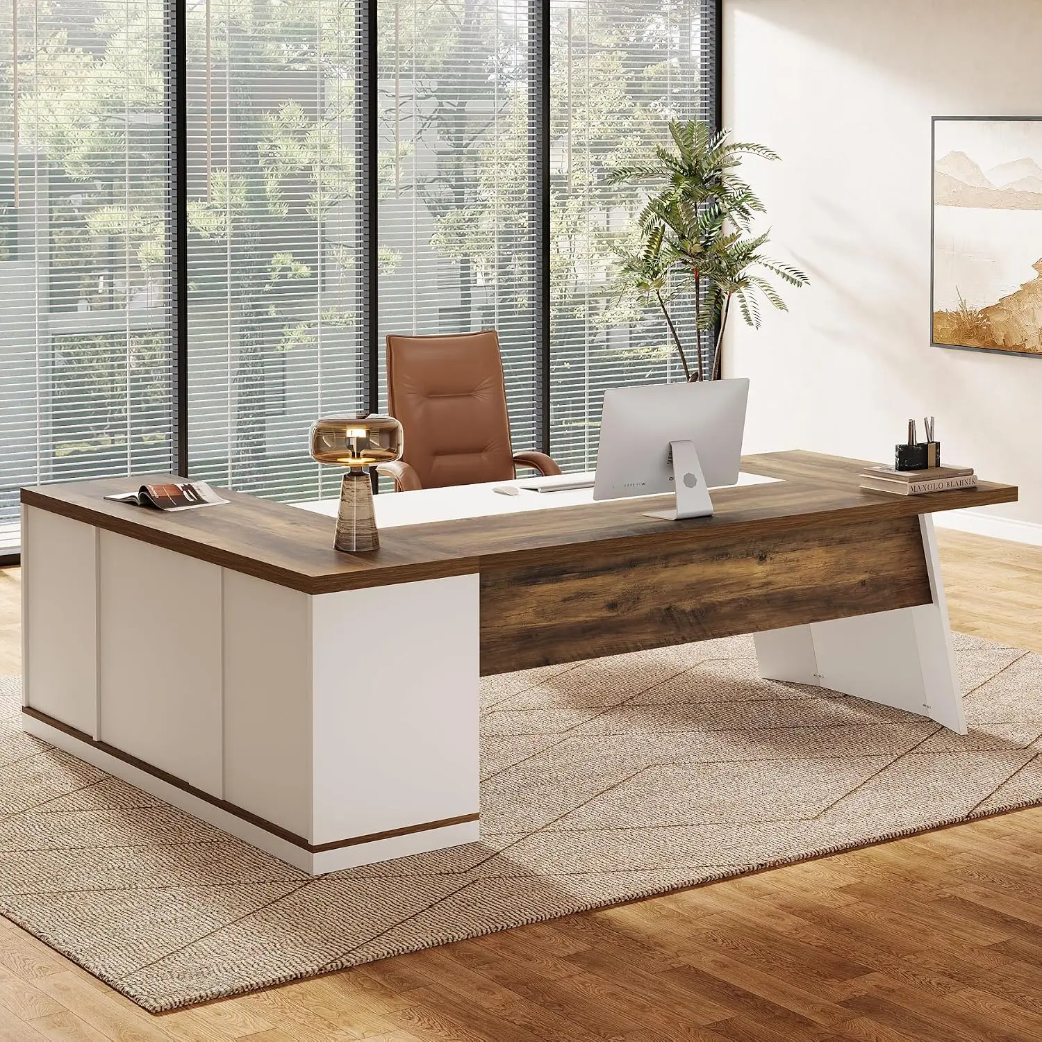 Tribesigns 78.7" L-Shaped Executive Desk, Modern Office Desk with 55.1" Storage Cabinet, Large Computer Table with Drawers, Business Furniture Workstation for Home Office, Brown & White