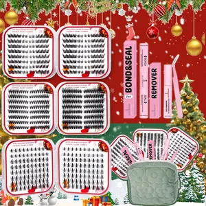 Christmas Makeup Bag Set, Mixed Styles Manga Eyelashes, Natural Cluster Lash Kit, DIY Extension for Beginners, DIY Eyelash Extensions, Includes Glue & Tools
