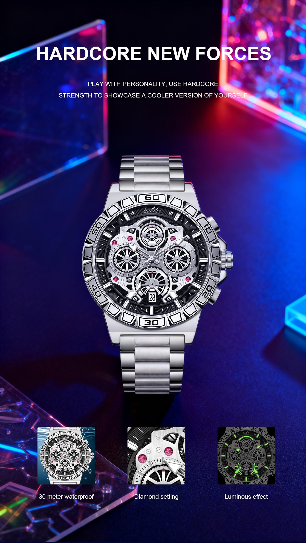 Lushika Men's Luxury Quartz Watch, High-End Movement,Date Function, Stainless Steel Strap, Waterproof LuminousLarge Dial, Versatile Casual & Business Style, Ideal forDaily & Official Wear, Top Gift for Men