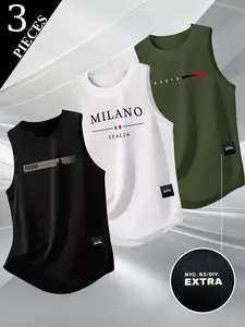 Men's Summer Letter Print Urban Street Tank Graphic Vest, Round Neck Sleeveless Top, Sporty Style, Multi-Color Options, 3-Pack, Ideal for Outdoor & Daily Wear