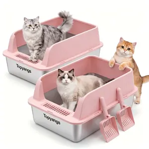 Topyangs 2-Pack Stainless Steel Cat Litter Box, Extra Large High Sided Litter Pan, Anti-Leak & Non-Stick, Easy to Clean with Free Litter Scoop for Multi-Cat Household