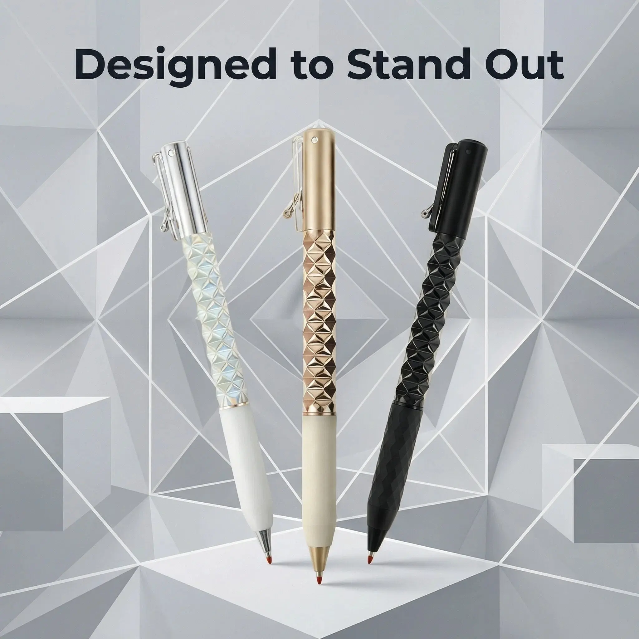 One-Click Deformable Pen, Geometric Shape-Shifting Pen - 6 Pack ( 2 Black, 2 Silver, 2 Gold) | Press to Form Diamond Crinkle Design | Multi-Functional Creative Gift for Writing, Drawing & Stress Relief