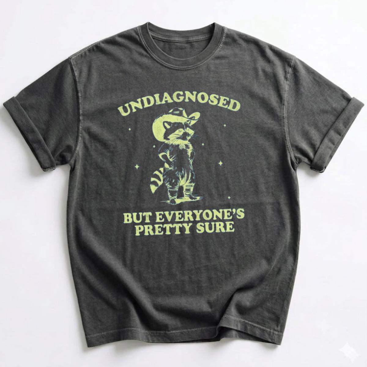 [Sale up to 50%] Comfort Colors Undiagnosed But Everyone’s Pretty Sure Raccoon T-Shirt, Funny Cowboy Raccoon Graphic Tee, Vintage Washed Humor Vibe – Shoshana Kersey