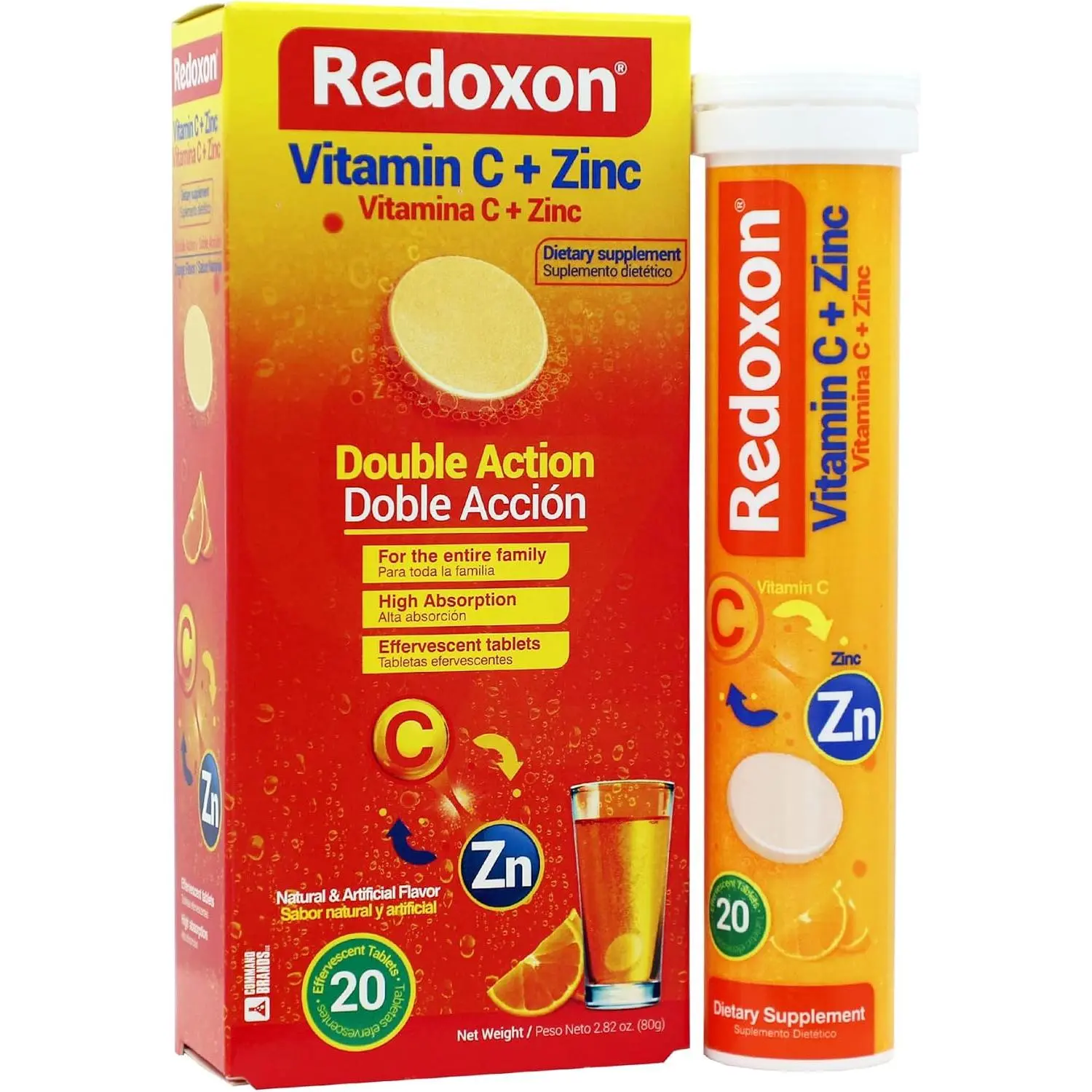 Redoxon Vitamin C + Zinc, Effervescent Tablets of Vitamin C and Zinc, Helps Support Your Immune System, Orange Flavor, 20 Effervescent Tablets, 2.82 Oz, Box