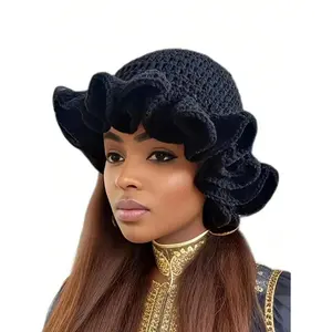 1pc Women's Casual Handmade Crochet Ruffle Knit Beanie Hat, Autumn/Winter Fashion Halloween