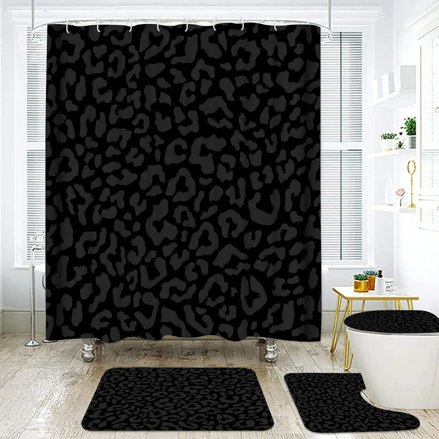Onalasyc 4 Pcs Cheetah Shower Curtain,Black Leopard Animal Print Bathroom Sets,Cheetah Bathroom Decor Set with Shower Curtain and Rugs,Bathroom Sets Complete,Set de