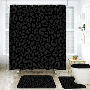 4-piece cheetah shower curtain set, black leopard print animal pattern bathroom set, cheetah bathroom decor set, includes shower curtain and rug, complete bathroom set, bathroom set with 12 hooks