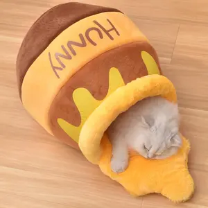 Cozy Honey Pot Cat Cave Bed - Soft, Thick Rebound Sponge Nest with Washable Cushion and Adorable Cartoon Design for Small Cats and Dogs