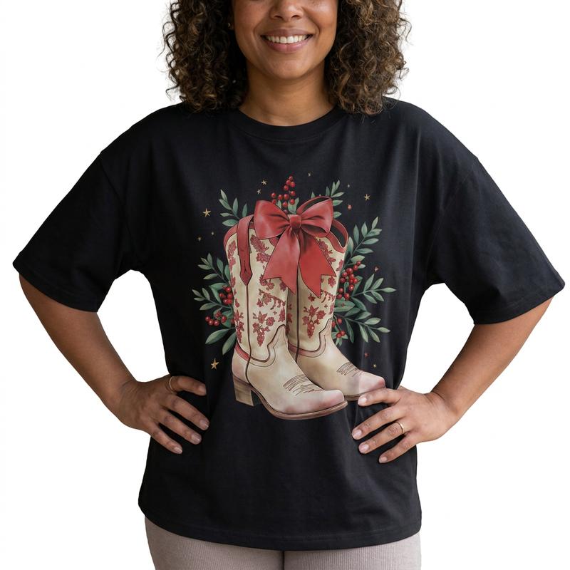 Festive Country Christmas Cowboy Boots Red Bow Cotton Graphic Tee For Women
