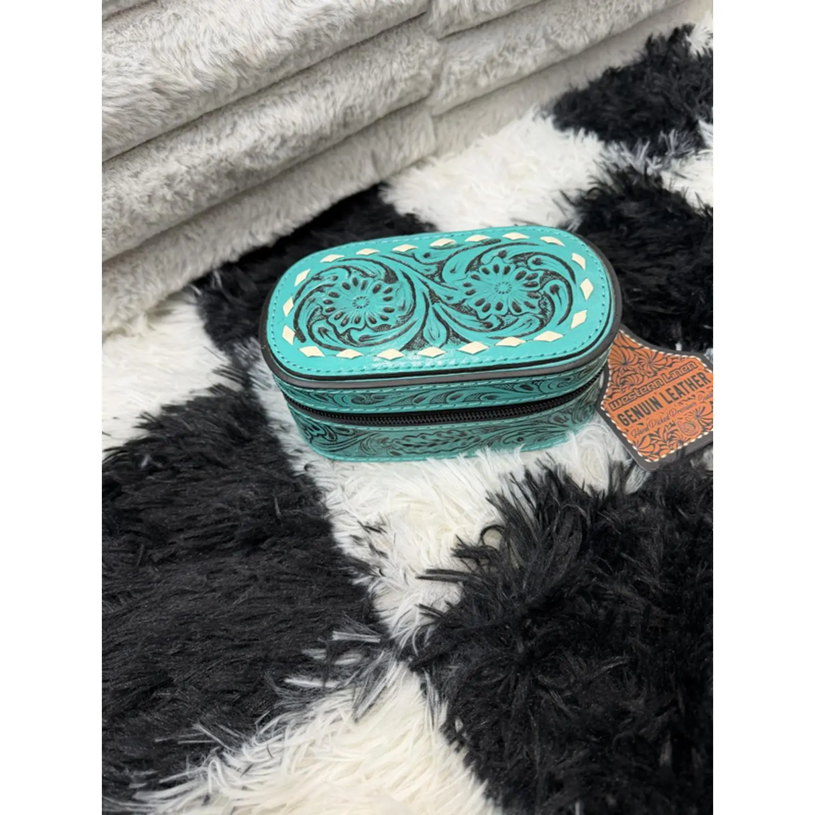 Turquoise Tooled Leather Small Jewelry Box - Handcrafted with Intricate Designs for Storage and Display