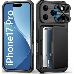 for iPhone 17 Pro Case Wallet, Card Holder (4-5 Cards), Slide Camera Cover, Military Drop Protection, Rugged Heavy Duty Men Women Protective Phone Case for iPhone 17 Pro 6.3" 2025, Black