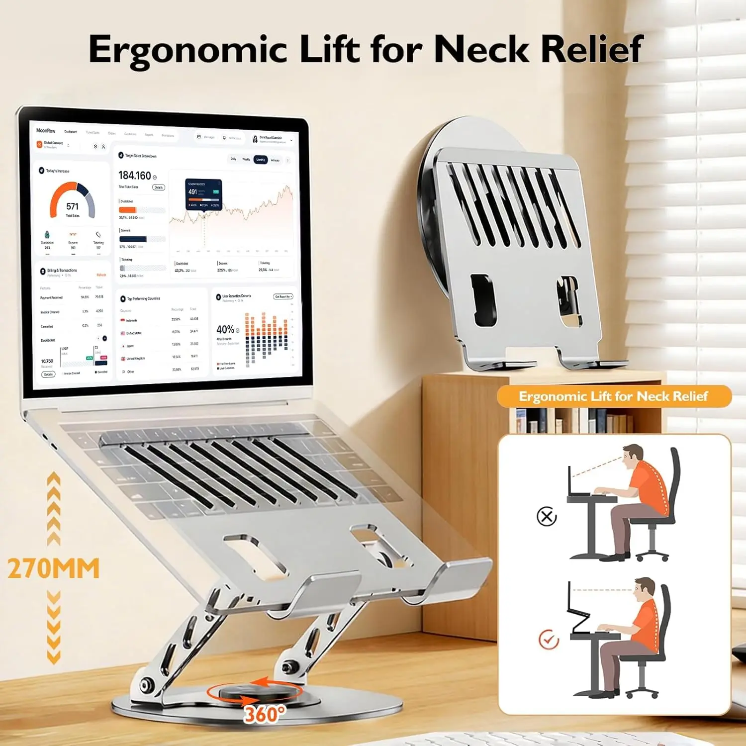 Aluminum Alloy 360° Rotating Adjustable Laptop Stand, Foldable Ergonomic Riser with Heat Vent, Compatible with 10-17.3 in Laptops & Tablets