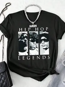 Women's Tupac & Biggie & Ice Cube Print Round Neck Tee, Vintage Trendy Casual Streetwear Short Sleeve T-shirt for Daily Wear, Ladies Summer, Top