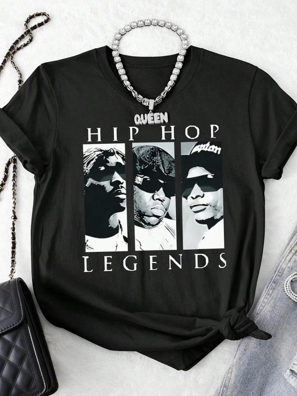Women's Tupac & Biggie & Ice Cube Print Round Neck Tee, Vintage Trendy Casual Short Sleeve T-shirt for Daily Wear, Ladies Summer, Top