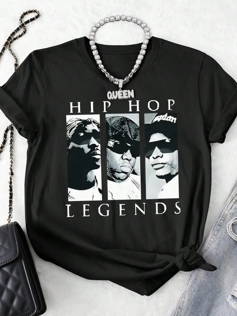 Women's Tupac & Biggie & Ice Cube Print Round Neck Tee, Vintage Trendy Casual Short Sleeve T-shirt for Daily Wear, Ladies Summer, Top
