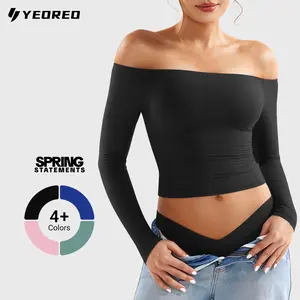 YEOREO Sophie Women Off Shoulder Long Sleeve Shirts Double Lined Basic Undershirt Y2K Going Out Tops Casual Cute Womenswear Greenish