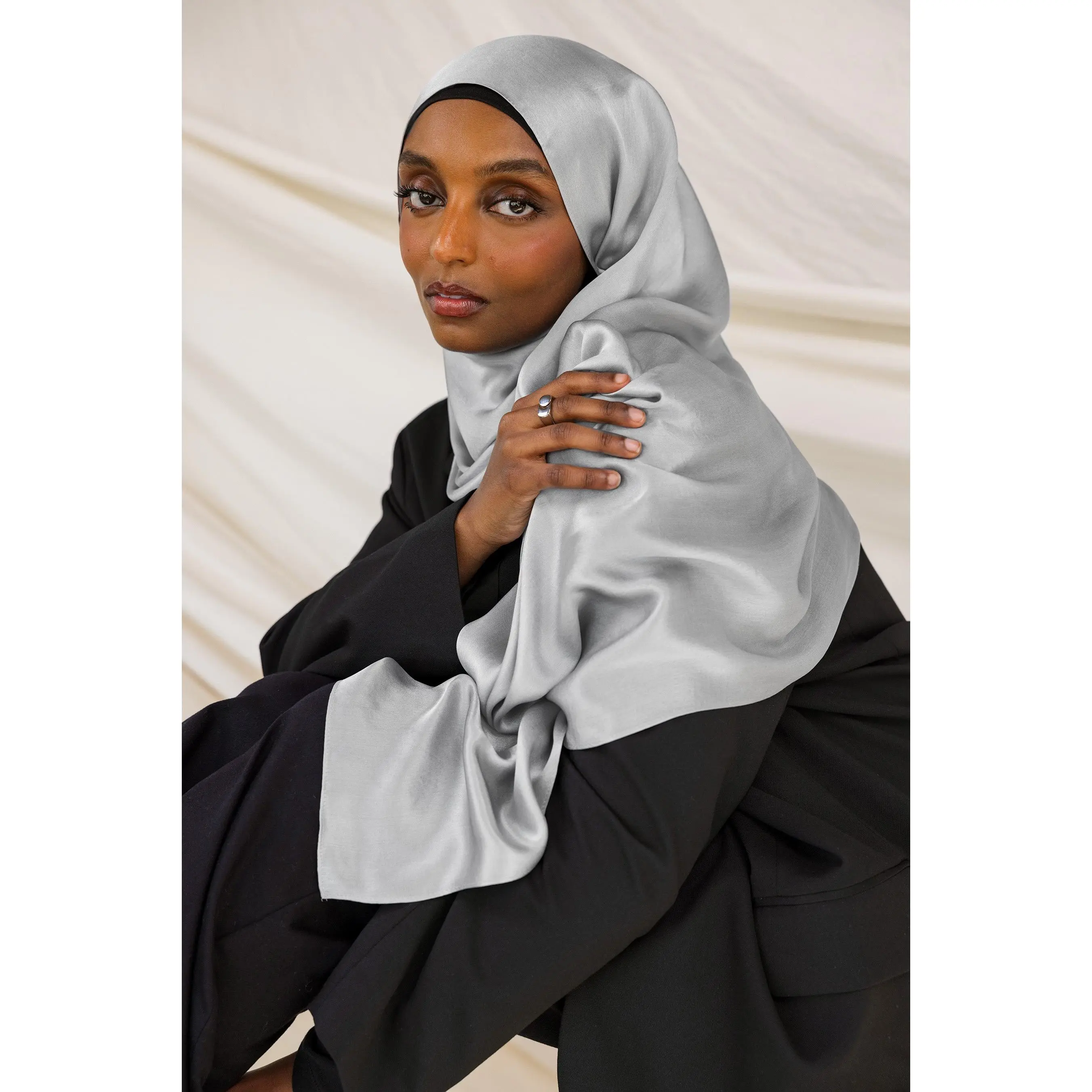 VELA Sparkling Silver 100% Silk Satin Hijab with Luxurious Sheen for a Refined, Elevated Style - Formal Evening Wear, Head Scarf, Refined Look