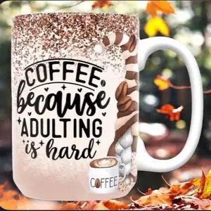 Gnome Sublimation 11oz Mug - Coffee Because Adulting Is Hard Design with Glitter Effect and Coffee Graphic