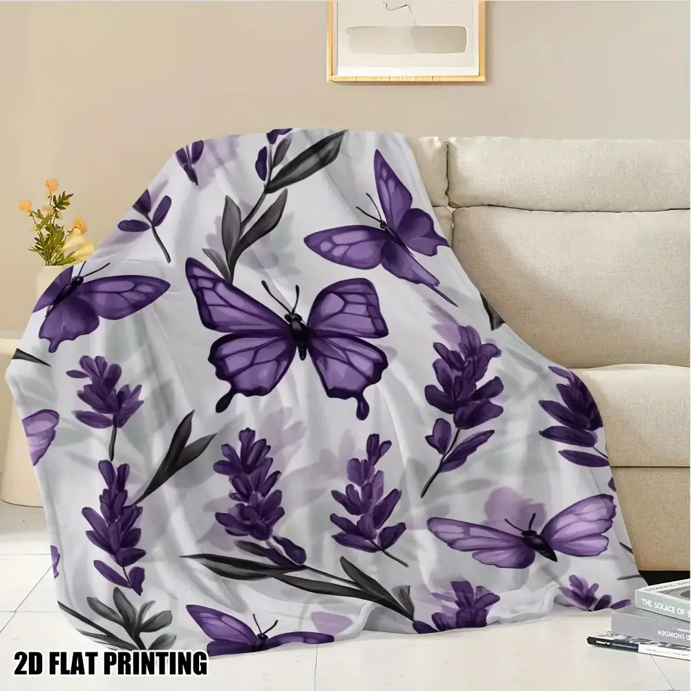 Luxury Plush Flannel Throw Blanket - Deep Purple Lilac Lilac Flowers & Green Foliage Print - Soft Light Beige-Friendly All-Season Couch, Bed, Camping - Elegant Lavender Decor in Lilac, Purple, Gray - Cozy Warmth for Home, Office, Travel