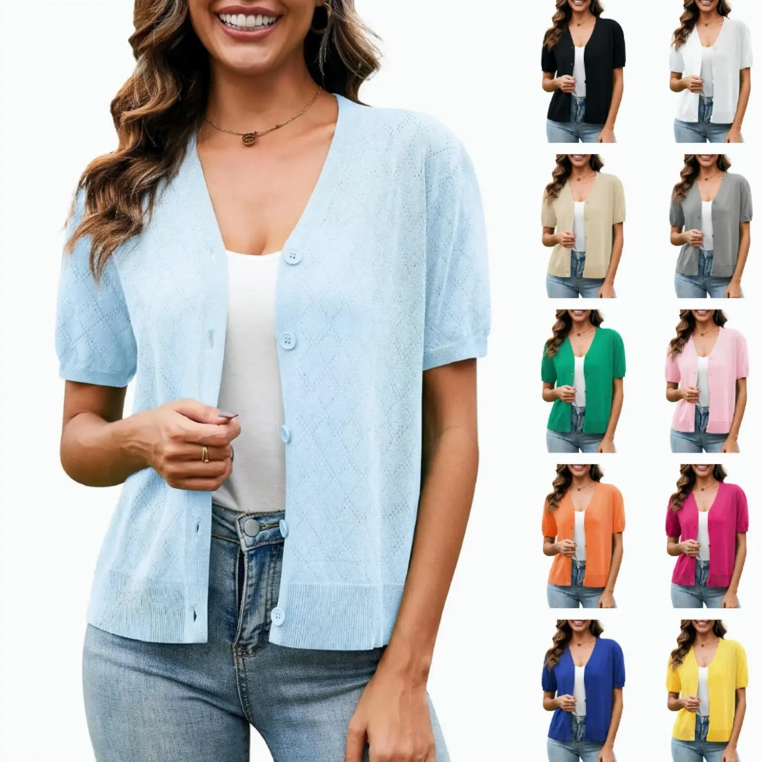 VIISHOW Women's Cardigan, Lightweight Crochet Knit, Short Sleeve V-Neck Button Down Cropped Shrug for Summer, Breathable Fabric Knitted Womenswear, Style, Fit, Shortsleeve Spring Ribbed, Tops, Fitted