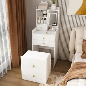 3-in-1 Vanity Desk with LED Mirror and Lights, Hidden Stool, Compact Makeup Vanity Table with 4 Drawers, Storage Cabinet, Hidden Stool & Shelves for Bedroom, Brightness Adjustable, White