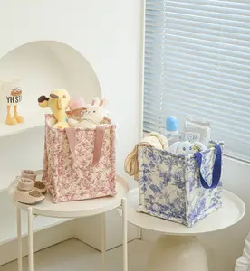 SnapNest Quilted Square Storage Basket with Long Handles – Structured Fabric Organizer Bin for Nursery, Bedroom & Home Decor