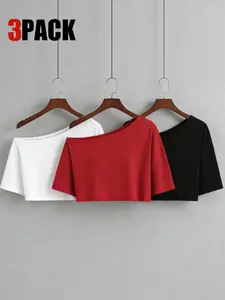 Women's Asymmetrical Neck Short Sleeve Top Set, Casual Home Leisure Clothing, Three-Piece Short Sleeve T-Shirt Set