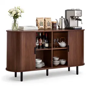 VEVOR Coffee Bar Cabinet, Mid Century Fluted Coffee Bar Table, Buffet Stand Cabinet with 2 Sliding Doors, Sideboard Buffet Station for Living Room, Entryway, Kitchen, 55.1x 15.7x 29.5 in, Walnut