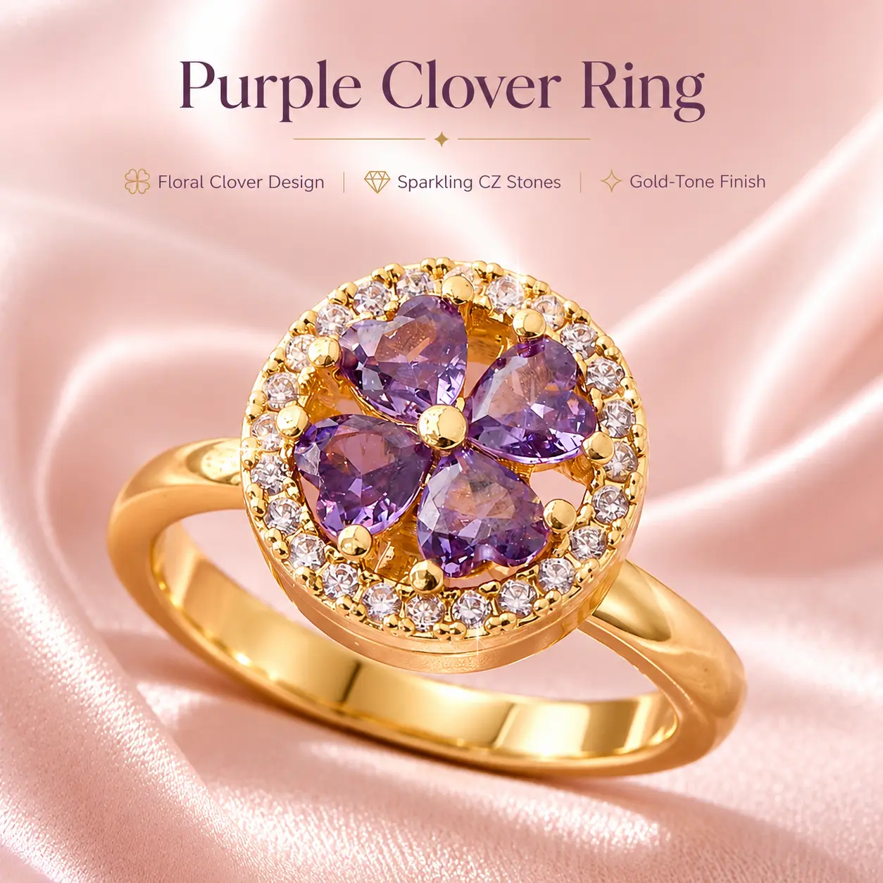 Purple Clover Flower Ring for Women, Gold-Tone Crystal-Look Statement Ring with Heart-Shaped Petal Stones and Sparkling Halo, Elegant Floral Jewelry for Date Night, Birthday, Anniversary, Party and Gift