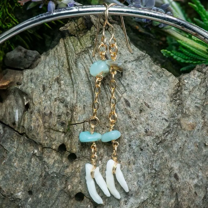 Opossum Teeth and Amazonite Gemstone Witchy Oddity Dangle Earrings