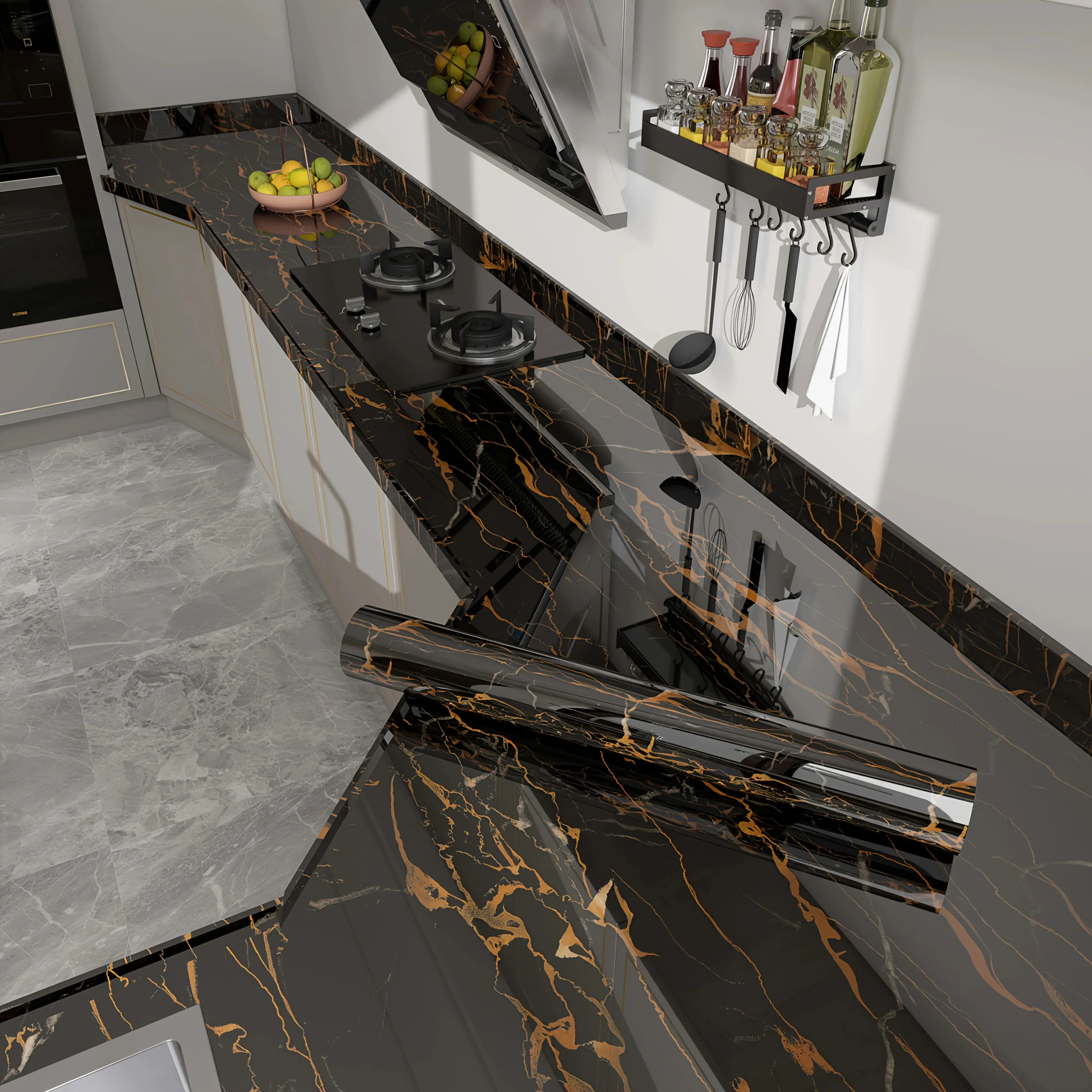 0.15mm Thick Black Gold Marble Peel and Stick Wallpaper - Renter-Friendly Sticky Adhesive Wall Decor, Flexible Film, Waterproof Oil-Proof Moisture-Resistant Decorative Wall Panel Wallpaper for Home Renovation