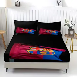 Barcelona Football Club printed bed sheet with pattern, including 1 bed sheet and 2 pillowcases, anti slip dust cover suitable for bedrooms and guest rooms, suitable for personal use or gift giving