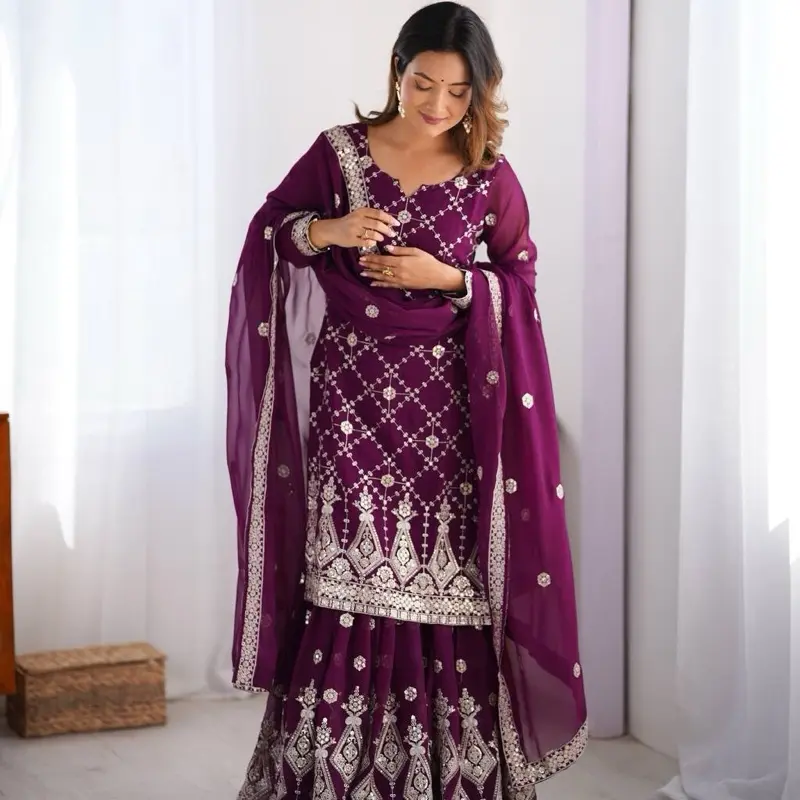 Elegant size 42 Dark Purple Thread Sequins Work Kurta Sharara & Dupatta 3pcs Set Faux Georgette Fabric Women's Dress - Womenswear, Bottom, Top, Comfort