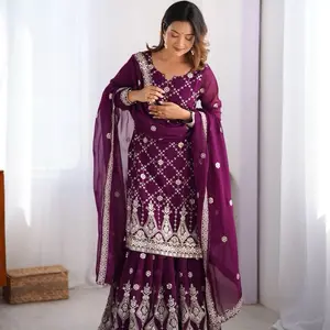 Elegant size 42 Dark Purple Thread Sequins Work Kurta Sharara & Dupatta 3pcs Set Faux Georgette Fabric Women's Dress - Womenswear, Bottom, Top, Comfort