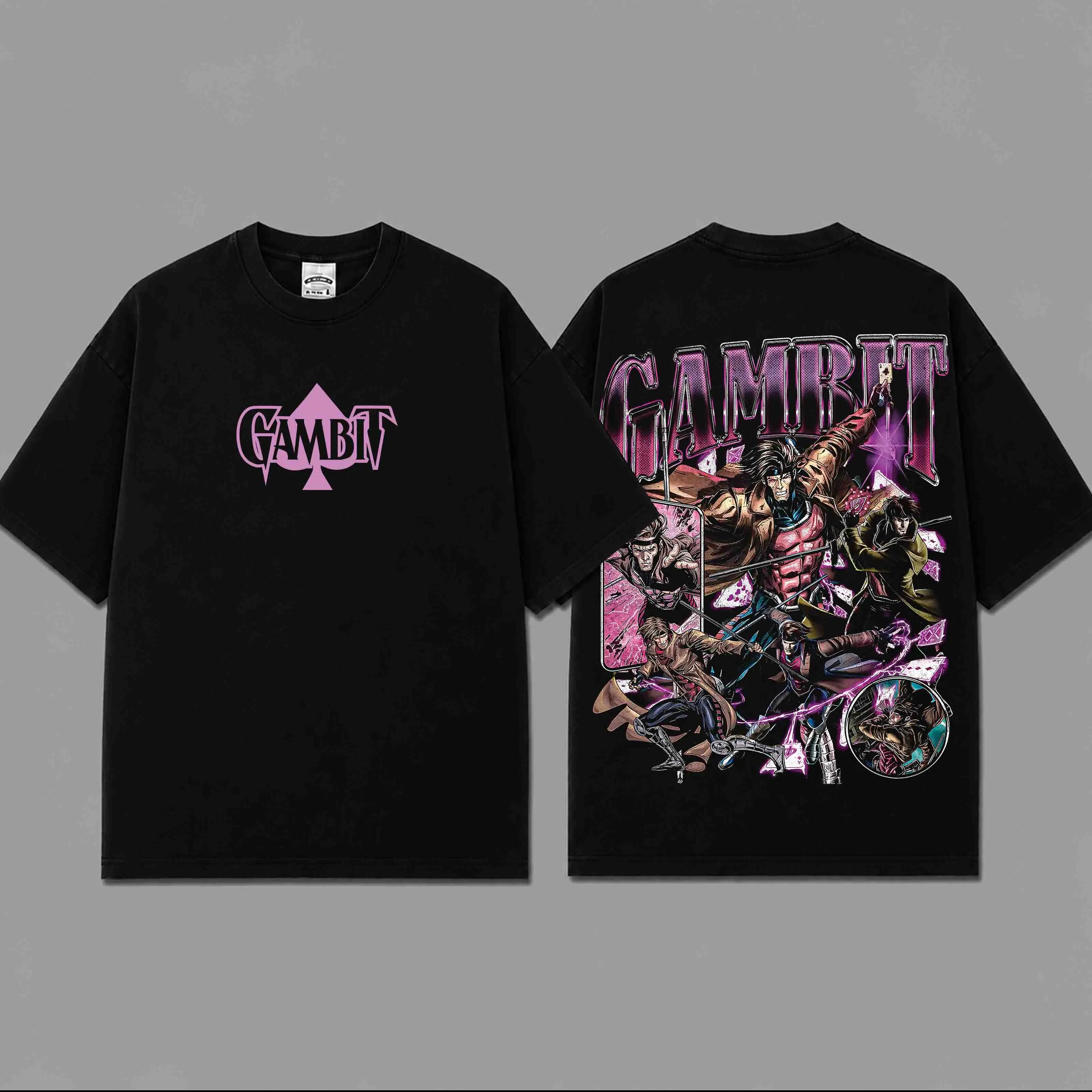 [ Super Hero ] Gambit Graphic T-Shirt, Mutant Couple Vintage Washed Tee, X-Men Inspired Comic Shirt, Retro Superhero Romance Streetwear, Oversized Unisex Cotton Tee, Gift For Comics Fans