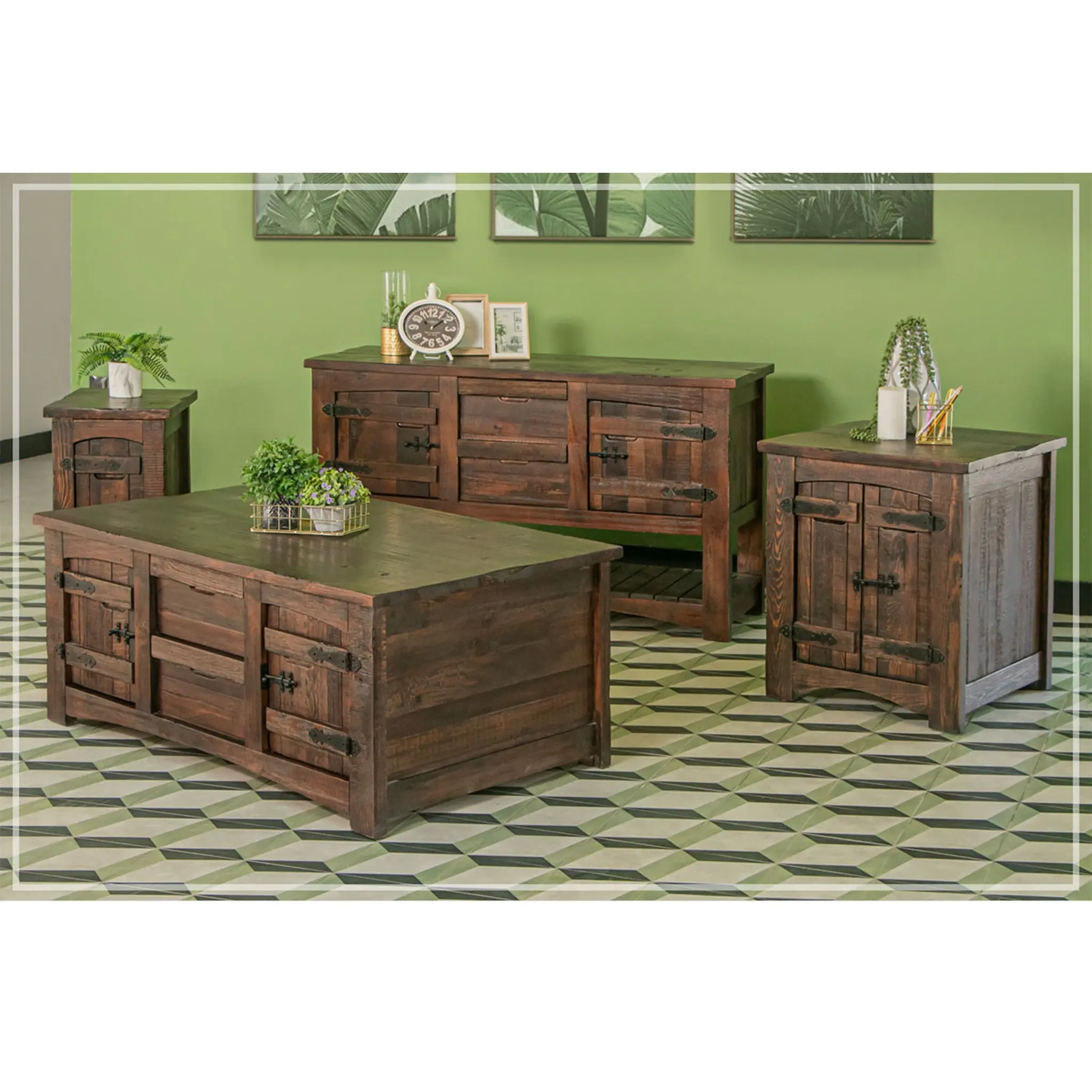 Atlantic Solid Pine Wood Rustic Living Room Set - 3-Piece/4-Piece Options, Home Decor Coffee Table, Console Table (55w x 17.75d x 30h), 7-Step Distressing, Hand-Wrought Decorative Metal Hardware for Indoor Spaces