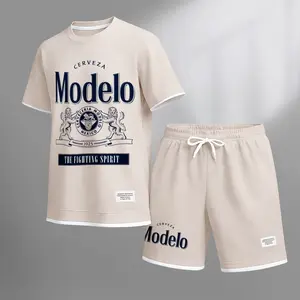 Men's Beer Print Drawstring Shorts Set, Suitable For Spring And Summer Wear, Casual Summer Set, Including Short-Sleeved Shirt And Shorts, Suitable For Everyday Wear And Sports 02