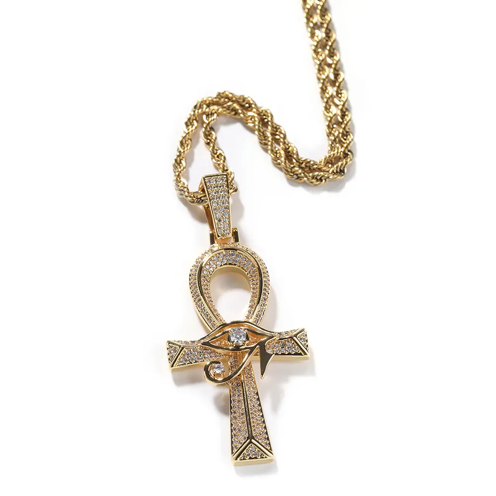 Ankh Cross Pendant Blinged Out Eye of Horus Charm for Hip Hop Streetwear Vibe with Sparkling Details