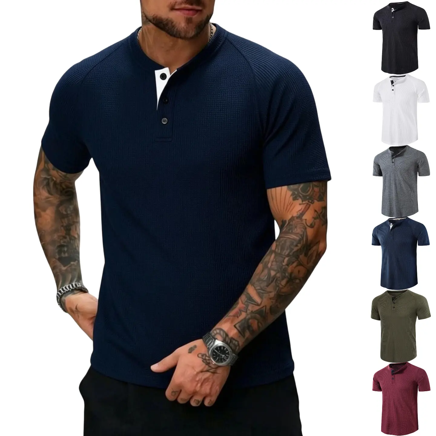 Men's Waffle Knit Henley Shirt Short Sleeve - 96% Polyester 4% Spandex Stretch Casual Button Placket Tee, Lightweight Muscle Fit Top for Gym, Daily Wear, Summer Outings - 6 Colors (White/Gray/Black/Wine Red/Navy Blue/Army Green) S-XXL