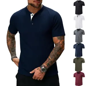 Men's Waffle Knit Henley Shirt Short Sleeve - 96% Polyester 4% Spandex Stretch Casual Button Placket Tee, Lightweight Muscle Fit Top for Gym, Daily Wear, Summer Outings - 6 Colors (White/Gray/Black/Wine Red/Navy Blue/Army Green) S-XXL