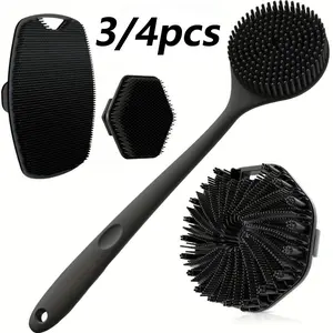 3/4 piece silicone back scrub brush and bath glove set - Body Scrubber super exfoliating body scrub and Fengying foam shower brush combination Exfoliating Tool