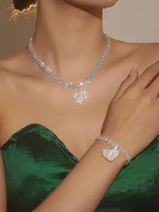 Women's Elegant Rhinestone Decorated Heart Design Necklace & Bracelet, Exquisite Trendy Jewelry Set, Fashionable Accessories for Daily & Party Decoration, Valentine's Day, Gift, Jewellery Gift Set