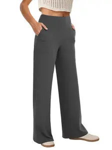 Women's High Waist Wide Leg Yoga Pants with Pockets, Loose Fit Elastic Work Straight Leg Sport Pants, Casual Outwear Leisure Trousers, Sports Casual Pants, Athleisure Style Pants